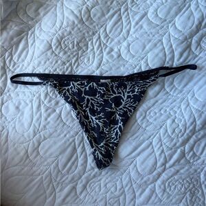 Victoria's Secret Navy Lace Thong Panty with light blue coral pattern Small